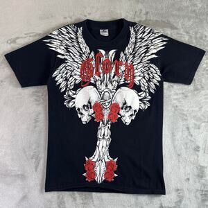 Y2K Yazbek Skull Wings Graphic T Shirt Mens Small Black Gothic Rose Print